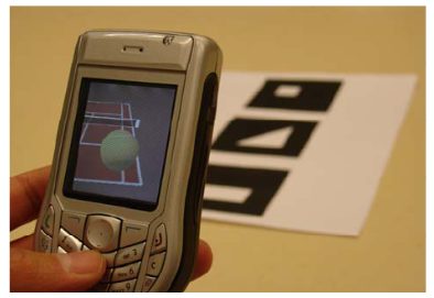 Nokia 6630 running AR Tennis with a piece of paper in front of it