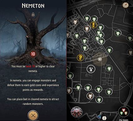 Two pictures merged into one. On the left: a large tree with the word "nemeton" above it. On the right: a map with multiple icons representing monster locatations.