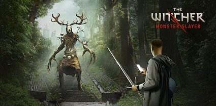 A promotional picture showing a creature and a player holding his smartphone and a sword