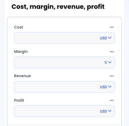 Cost, margin, revenue, profit calculator