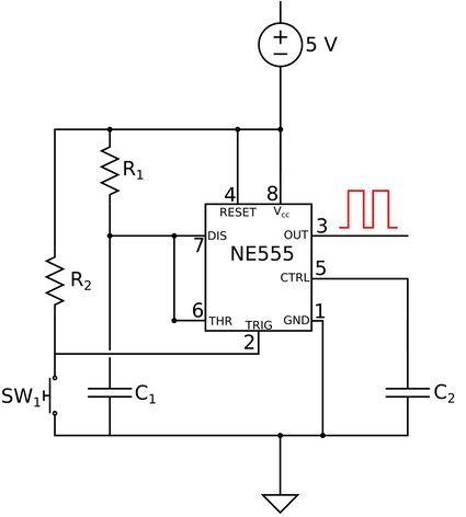 Circuital diagram for a 555 IC in monostable mode.