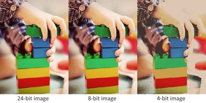 A side-by-side comparison of raster image at 24-bit, 8-bit, and 4-bit bit depths wherein the picture starts to get grainy at 8-bit bit depth, and much grainer and with less vibrance at 4-bit bit depth.