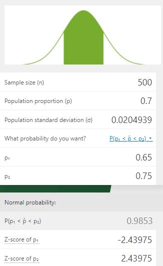 Example of how to calculate the probability between two values in the calculator.