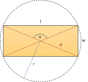 An illustration of the diagonal of a rectangle within a rectangle and inside its circumcircle with its dimensions.