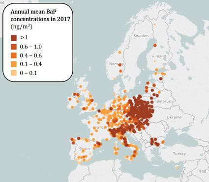 Annual mean BaP concentrations in Europe in 2017.