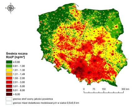 Rozkład stężeń B(a)P w poszczególnych rejonach Polski.