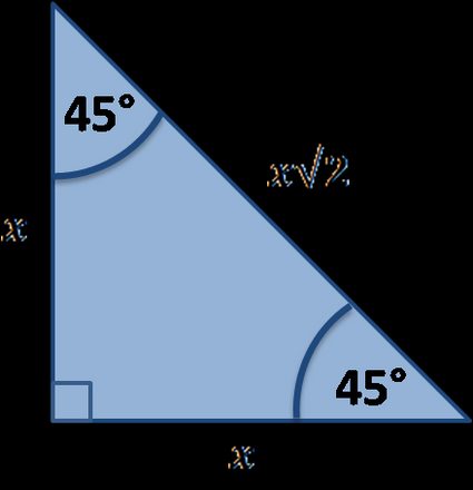 Triangle rectangle isocèle : triangle 45-45-90 avec la longueur du côté adjacent indiquée.