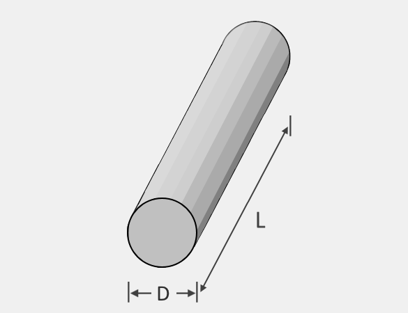 Illustration of a round bar that shows its diameter and length.