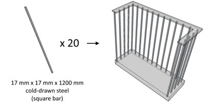 Illustration eines kleinen Balkons, der von Stahlgeländerstäben mit Handlauf umschlossen ist.
