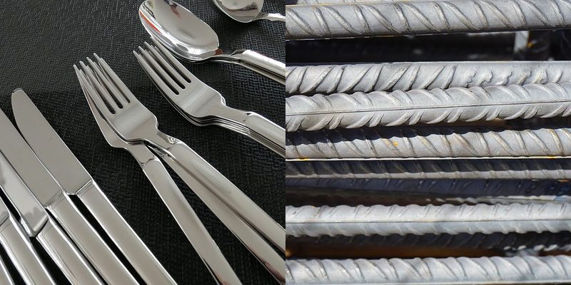 Image of steel products such as kitchen utensils and reinforcing bars or rebars.