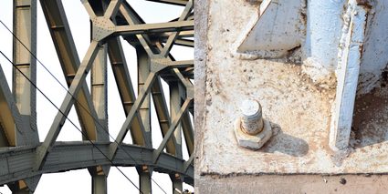 Kombiniertes Bild einer Stahlbrücke aus Stahlträgern, die durch Knotenbleche verbunden sind, und ein Bild eines Stahlpfostens mit Stahlgrundplatte und Stützrippen.