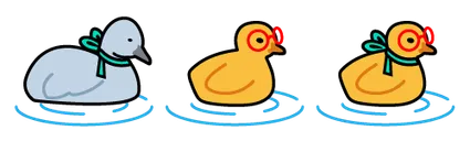 Two yellow ducklings and one white. One has a scarf and glasses, another has a scarf, and the other has glasses.