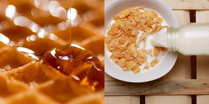 Image of pouring maple syrup onto a waffle and of milk onto a bowl of cereal.