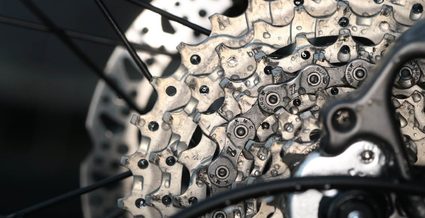 Back of a bike, showing the cassette teeth and the chain.